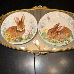 Mascara Ceramic Bunny and Botanicals  6 in Plates. Like New
